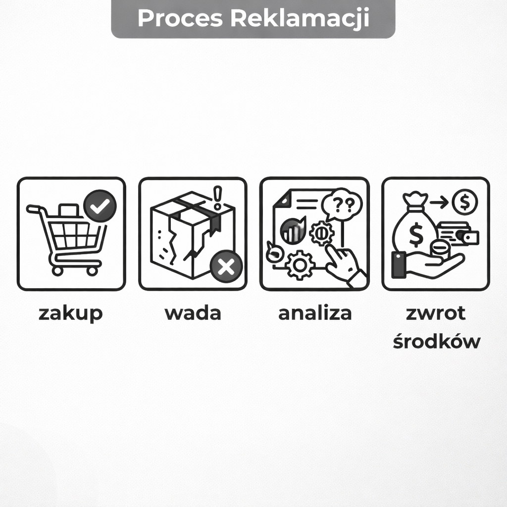 Four icons representing purchase, defect, analysis, and refund stages of product return process